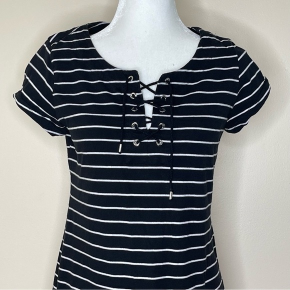 Chaps Black Stripes Clein Flounce Hem Dress US M - Picture 4 of 9